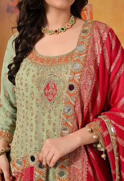 Green Gharara Set with Dabka, Zardozi, Thread, and Pearl Work.