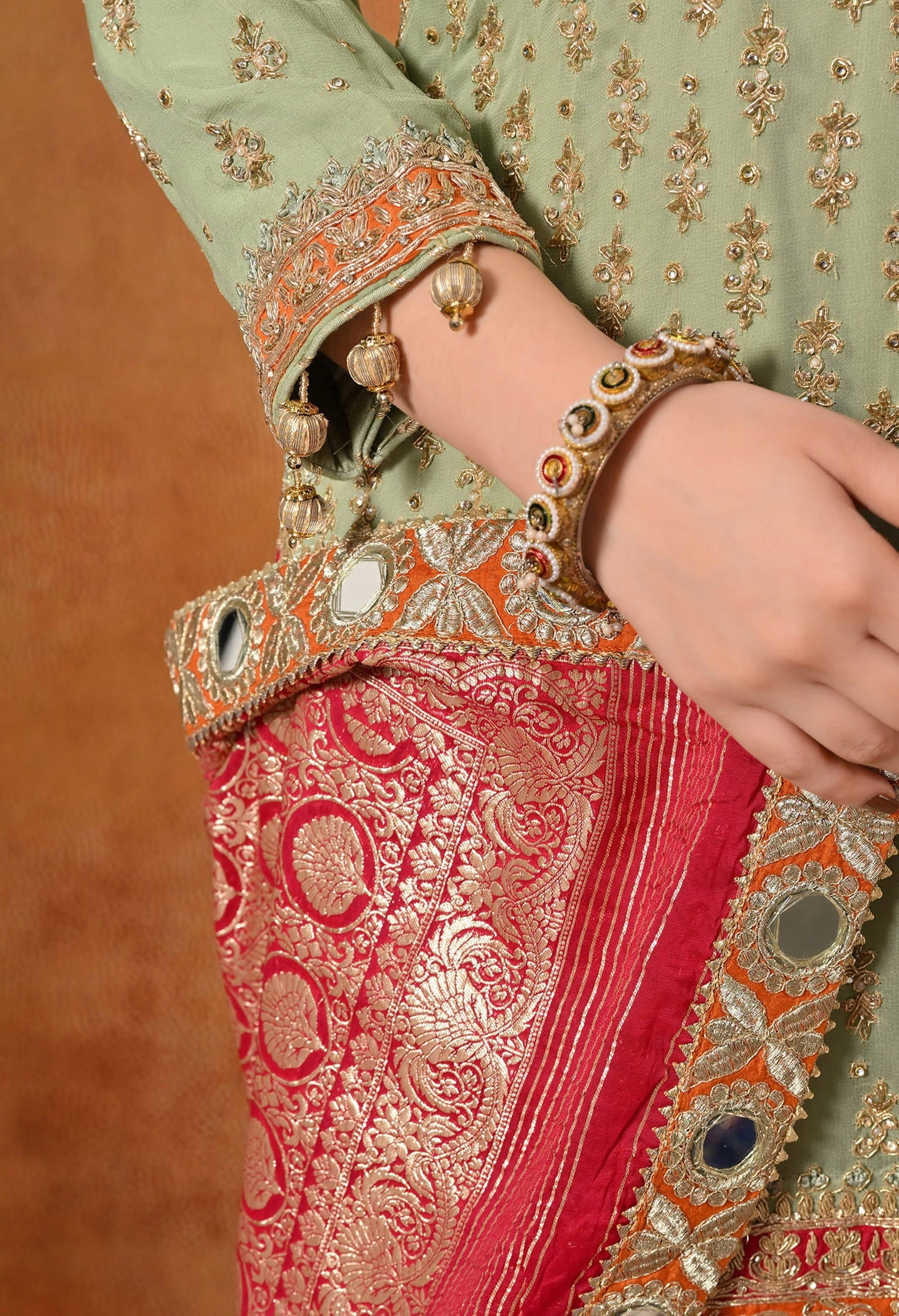 Green Gharara Set with Dabka, Zardozi, Thread, and Pearl Work.