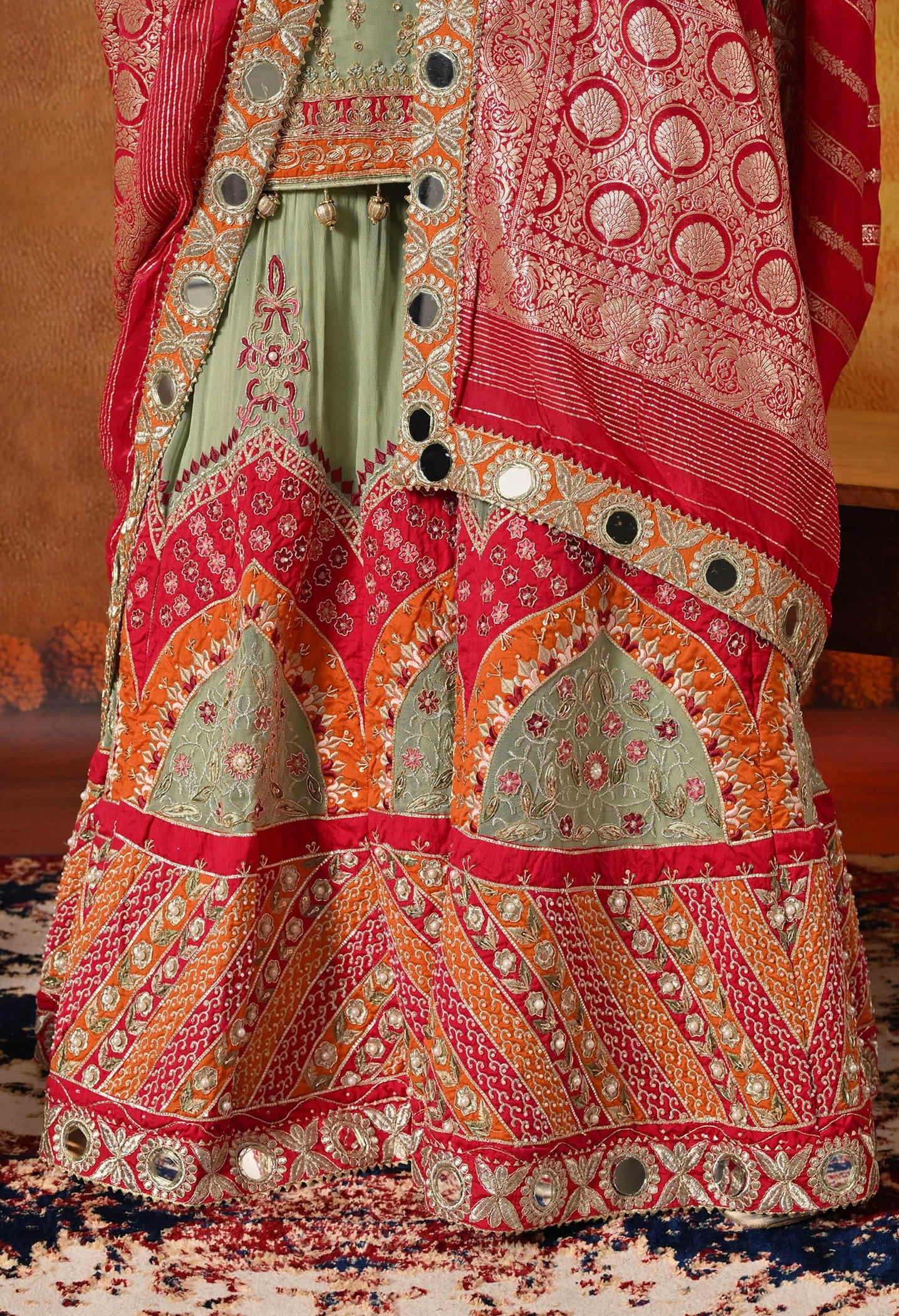 Green Gharara Set with Dabka, Zardozi, Thread, and Pearl Work.