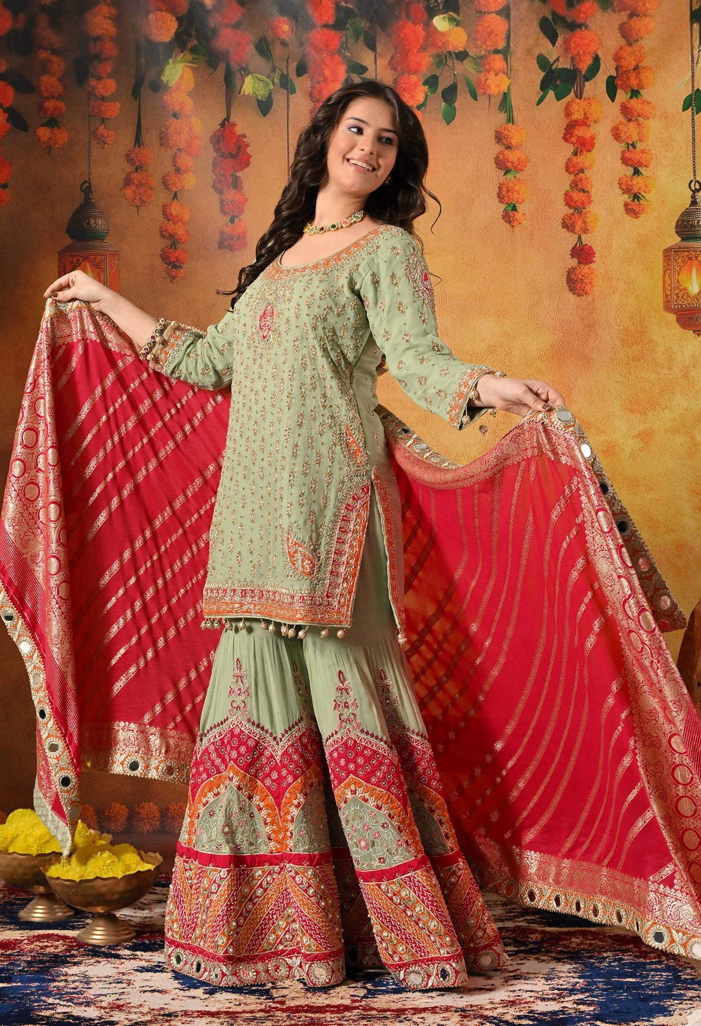 Green Gharara Set with Dabka, Zardozi, Thread, and Pearl Work.