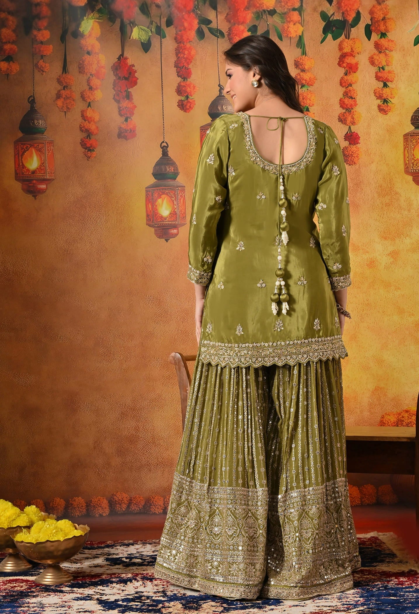Green Gharara Set crafted with Dabka, Pearl, Zardozi, and Cutdana work.