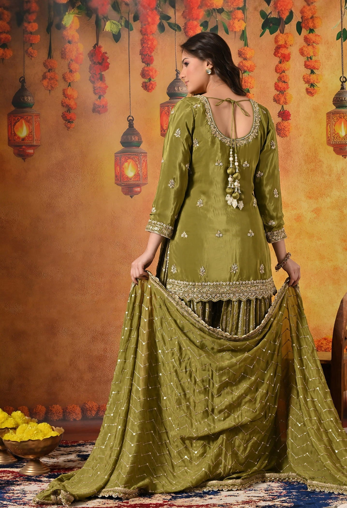 Green Gharara Set crafted with Dabka, Pearl, Zardozi, and Cutdana work.