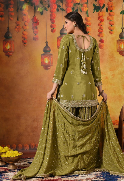 Green Gharara Set crafted with Dabka, Pearl, Zardozi, and Cutdana work.