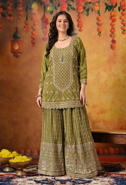 Green Gharara Set crafted with Dabka, Pearl, Zardozi, and Cutdana work.