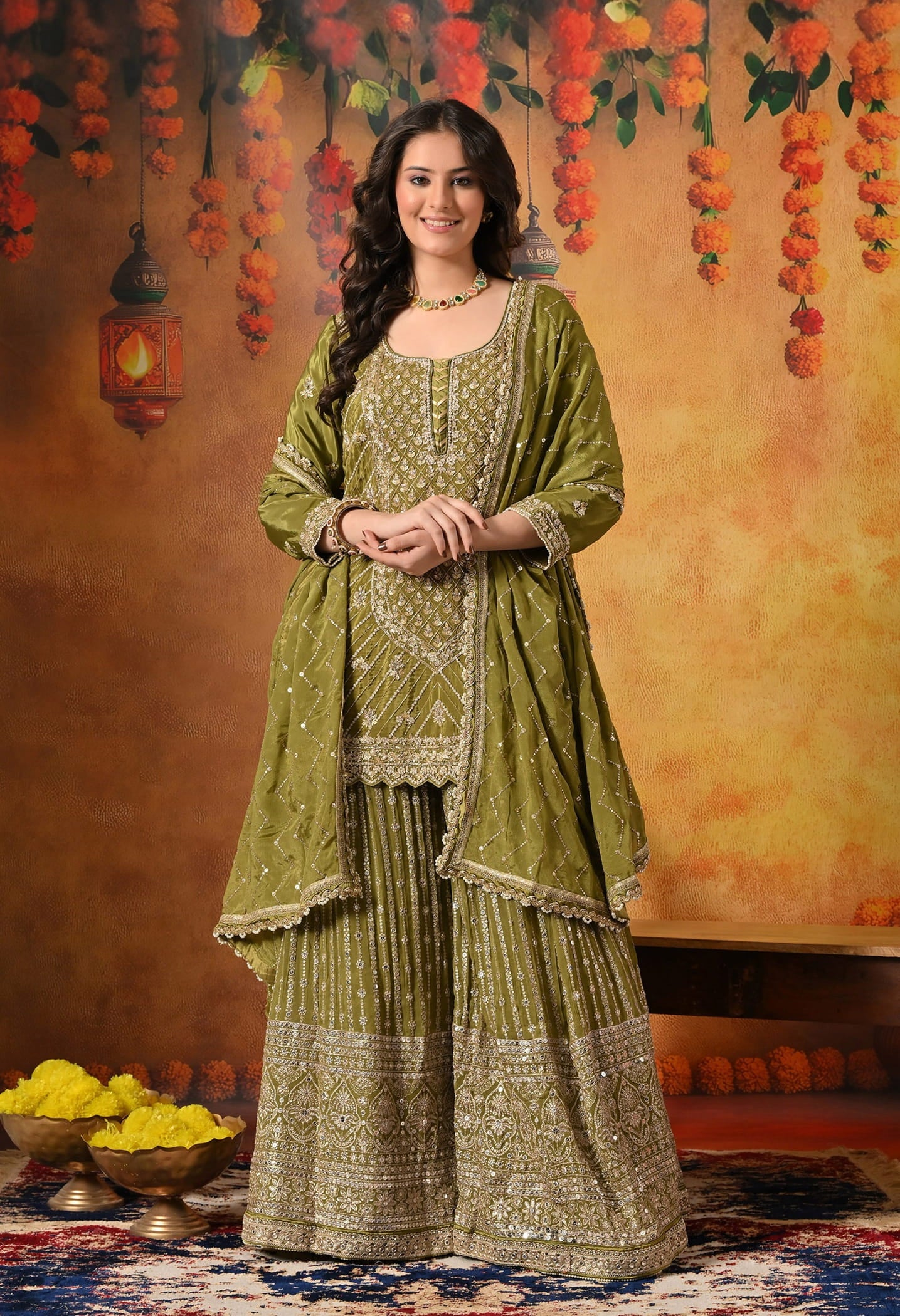 Green Gharara Set crafted with Dabka, Pearl, Zardozi, and Cutdana work.