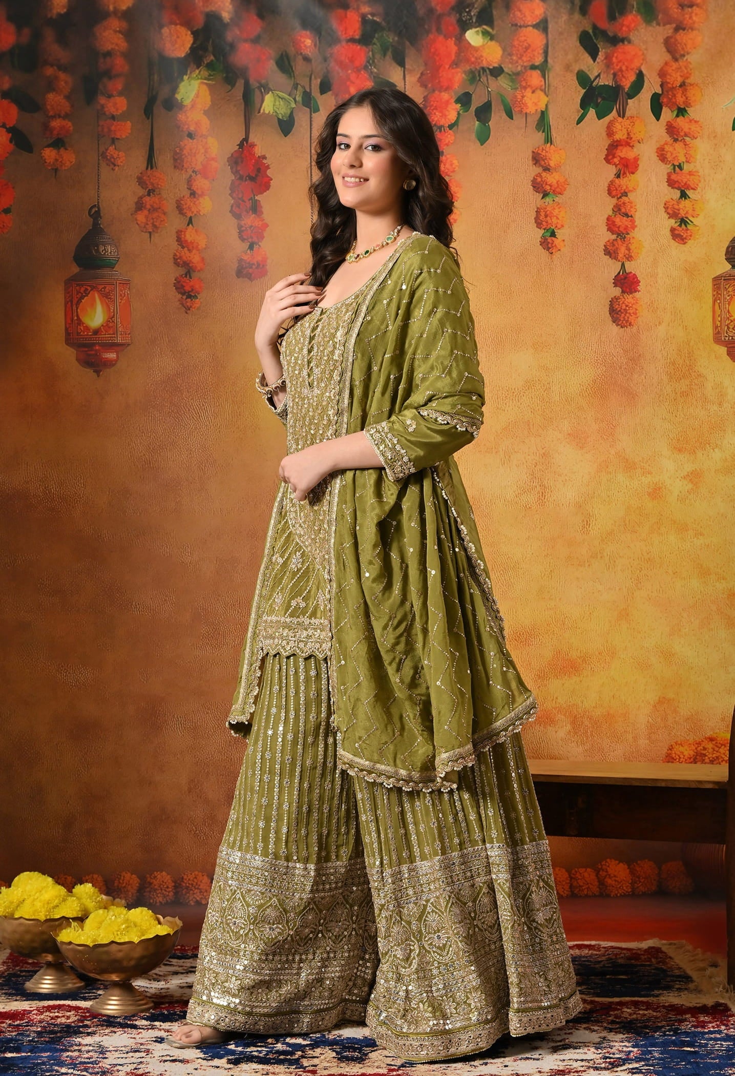 Green Gharara Set crafted with Dabka, Pearl, Zardozi, and Cutdana work.