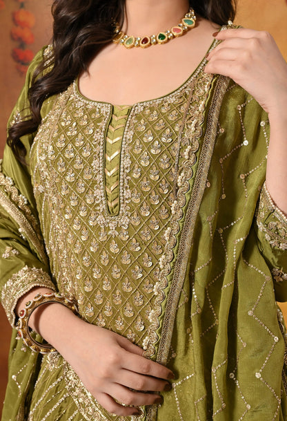 Green Gharara Set crafted with Dabka, Pearl, Zardozi, and Cutdana work.
