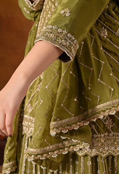 Green Gharara Set crafted with Dabka, Pearl, Zardozi, and Cutdana work.
