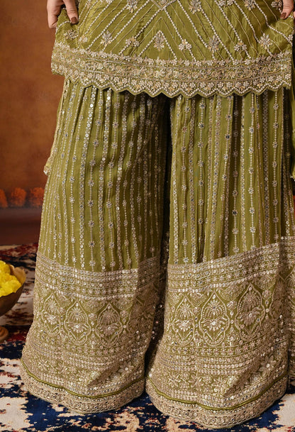 Green Gharara Set crafted with Dabka, Pearl, Zardozi, and Cutdana work.