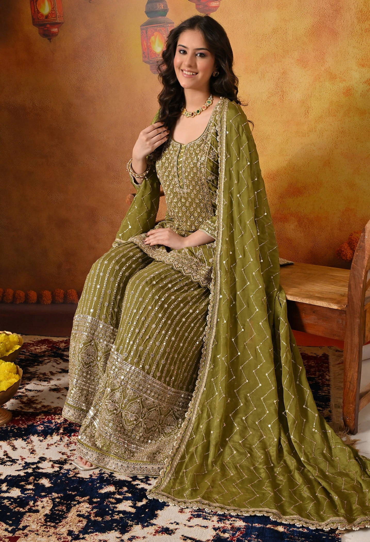 Green Gharara Set crafted with Dabka, Pearl, Zardozi, and Cutdana work.