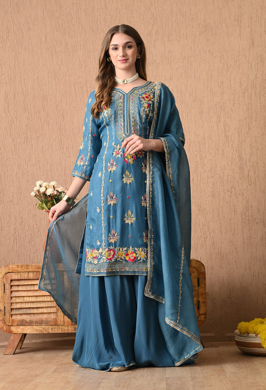 Sophisticated French Blue Organza Kurta Set with Exquisite Embroidery