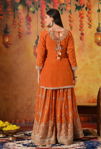 Orange Gharara Set crafted with Zardozi, Sequin, Mirror, and Pearl work.