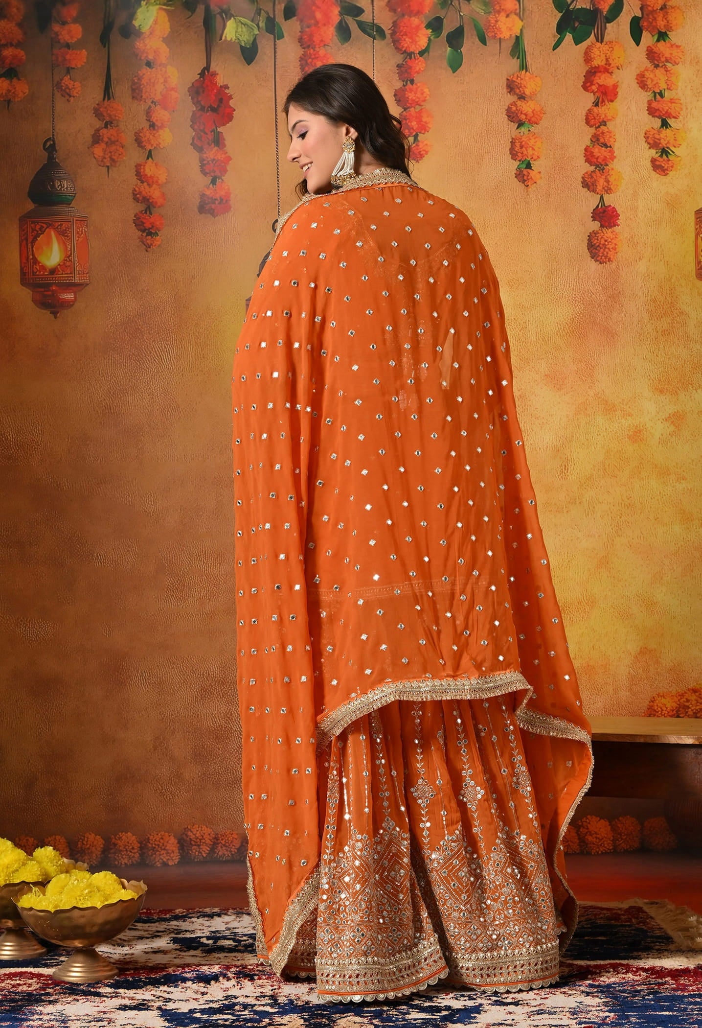 Orange Gharara Set crafted with Zardozi, Sequin, Mirror, and Pearl work.
