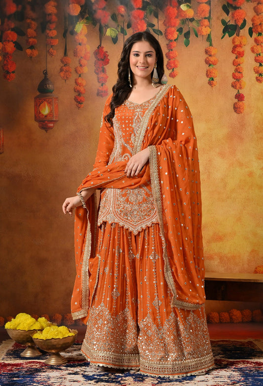 Orange Gharara Set crafted with Zardozi, Sequin, Mirror, and Pearl work.
