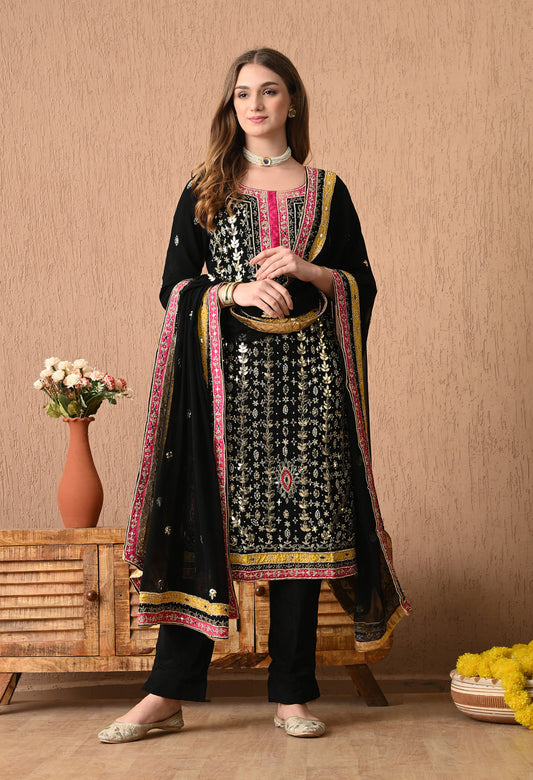 Stunning Black Kurta Set with Beautiful Zardozi, Applique, Leather, and Crystal Work