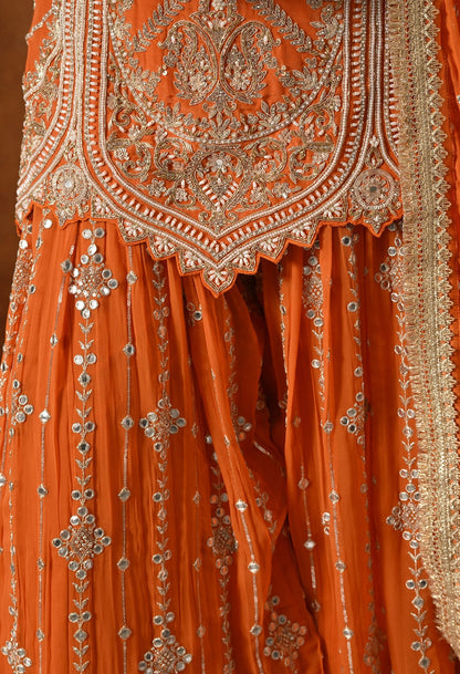 Orange Gharara Set crafted with Zardozi, Sequin, Mirror, and Pearl work.