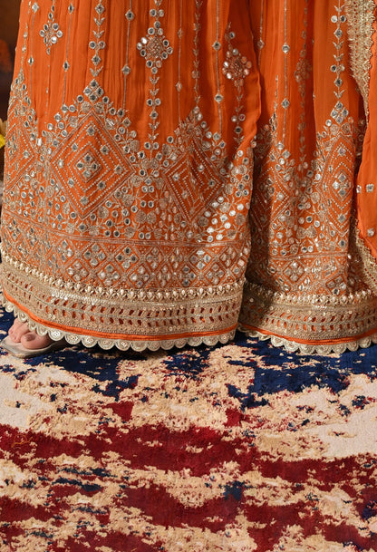 Orange Gharara Set crafted with Zardozi, Sequin, Mirror, and Pearl work.