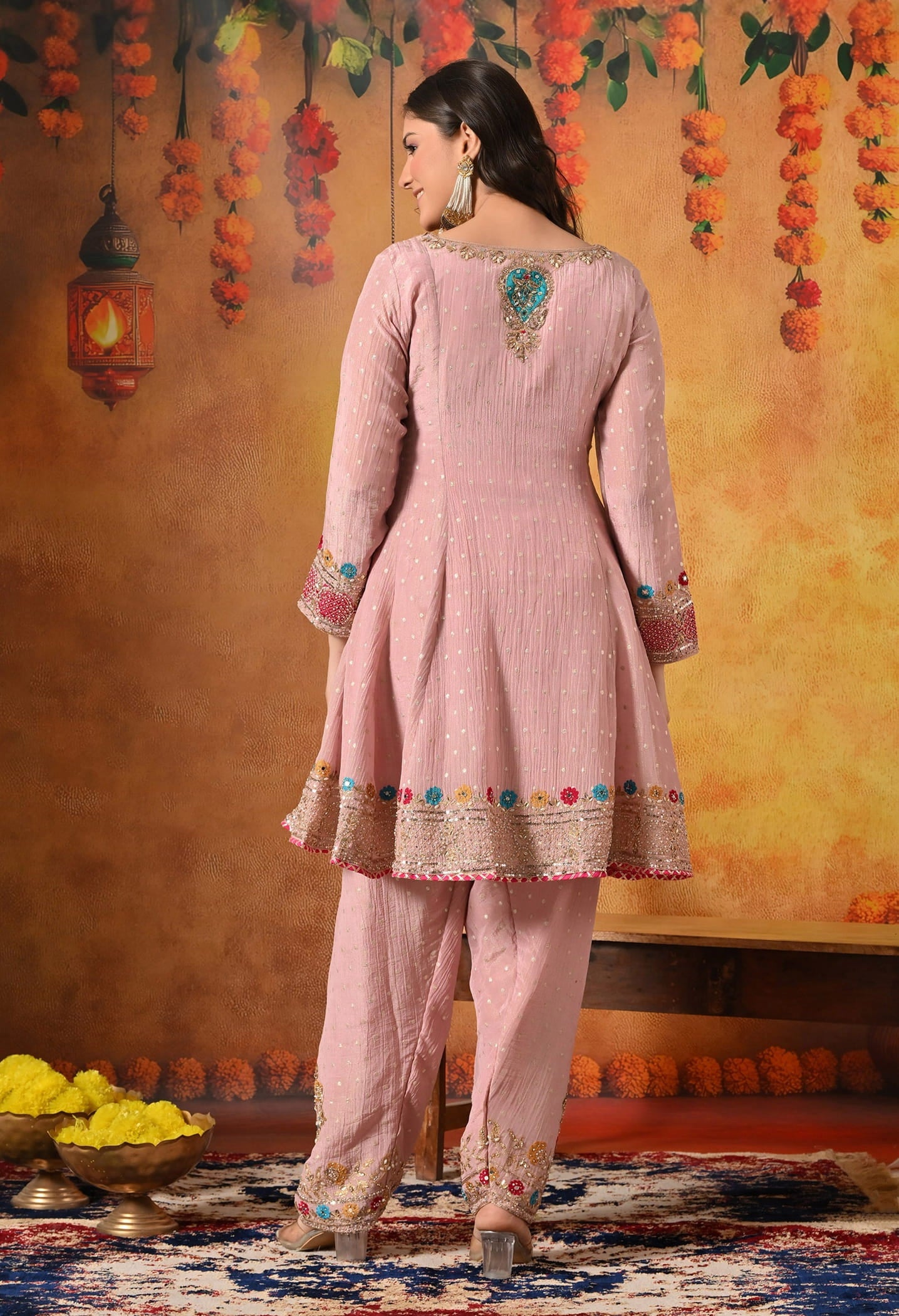 Onion Pink Kurta Set with Zardozi, Sequin, Pearl, Thread, and Gotta work.