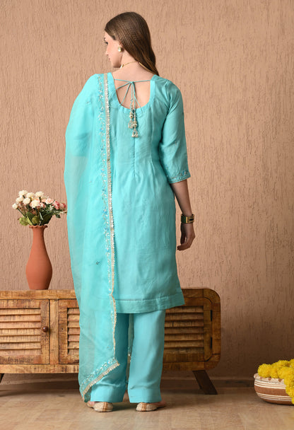 Delicate Baby Blue Organza Kurta Set with Thread, Sequin, and Dabka Embroidery