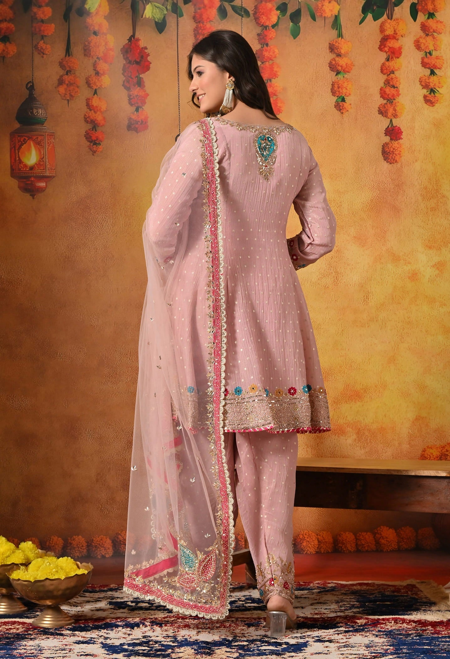 Onion Pink Kurta Set with Zardozi, Sequin, Pearl, Thread, and Gotta work.