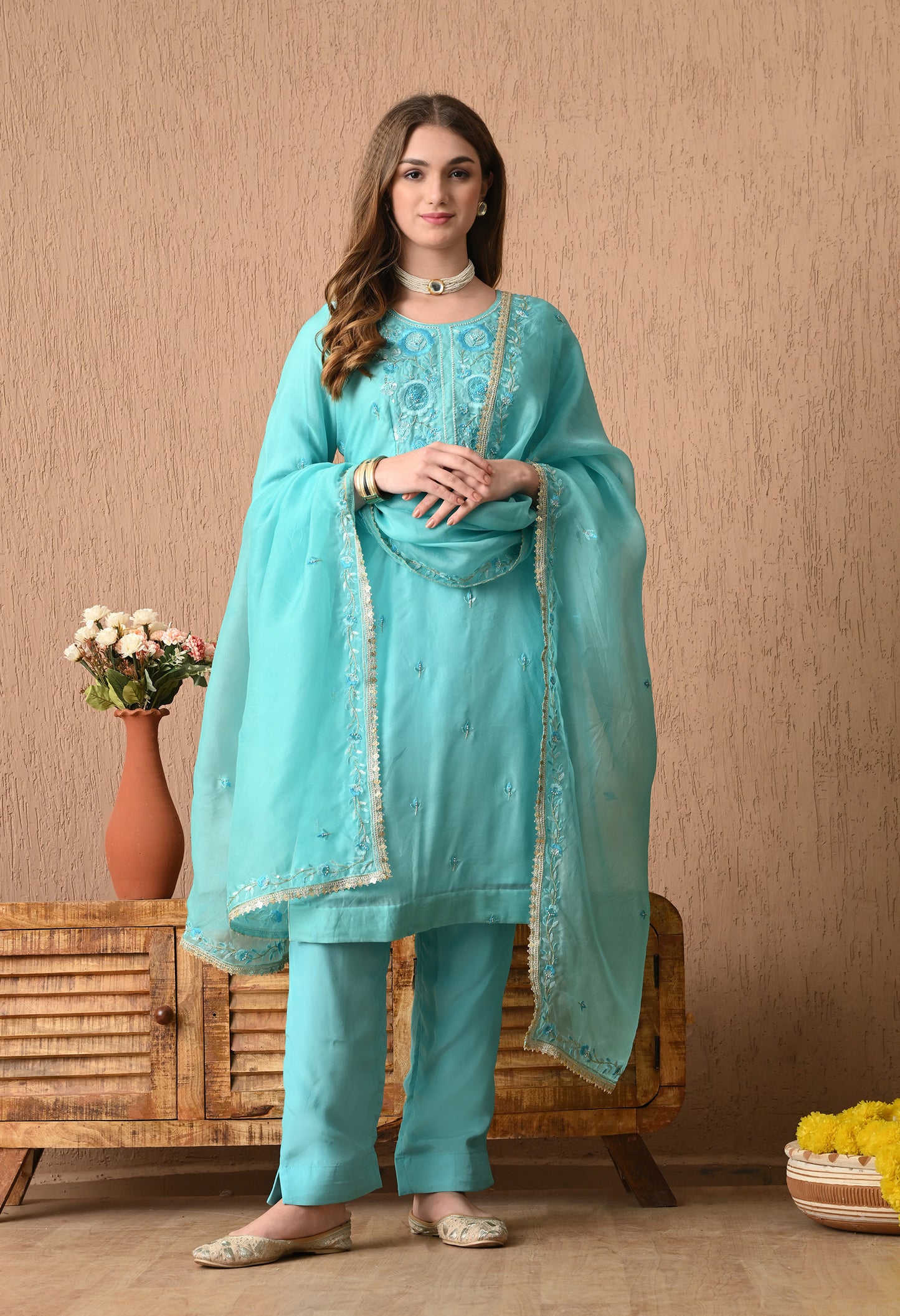 Delicate Baby Blue Organza Kurta Set with Thread, Sequin, and Dabka Embroidery