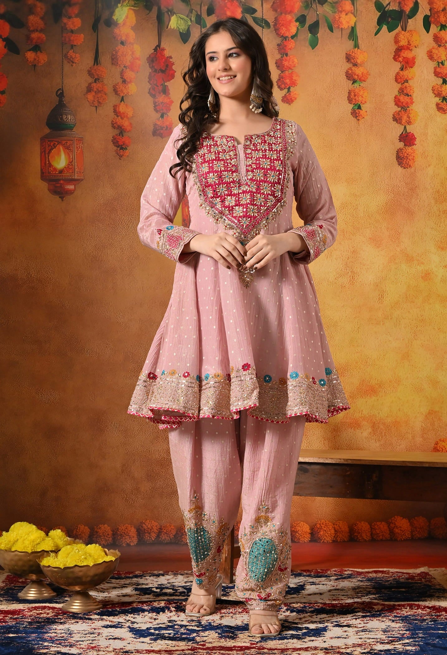 Onion Pink Kurta Set with Zardozi, Sequin, Pearl, Thread, and Gotta work.