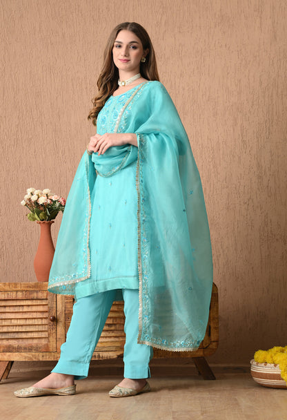 Delicate Baby Blue Organza Kurta Set with Thread, Sequin, and Dabka Embroidery