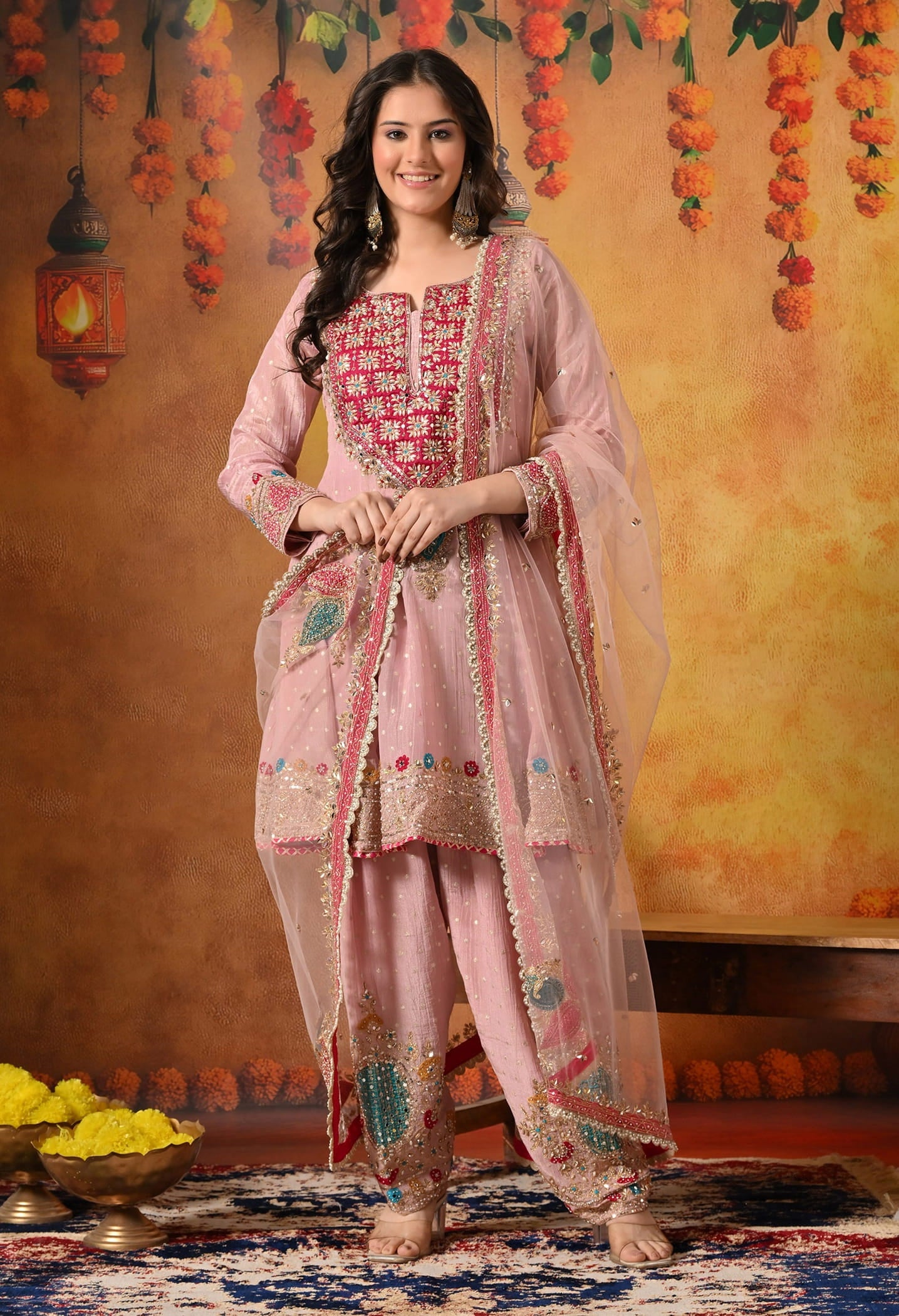 Onion Pink Kurta Set with Zardozi, Sequin, Pearl, Thread, and Gotta work.