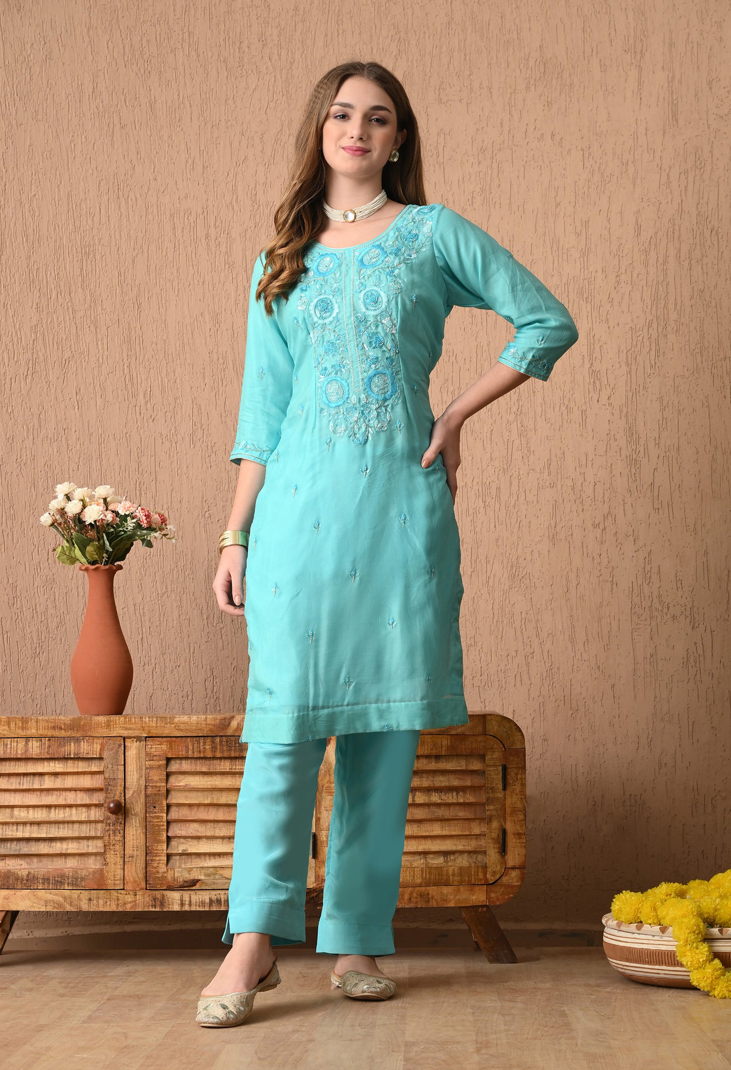 Delicate Baby Blue Organza Kurta Set with Thread, Sequin, and Dabka Embroidery