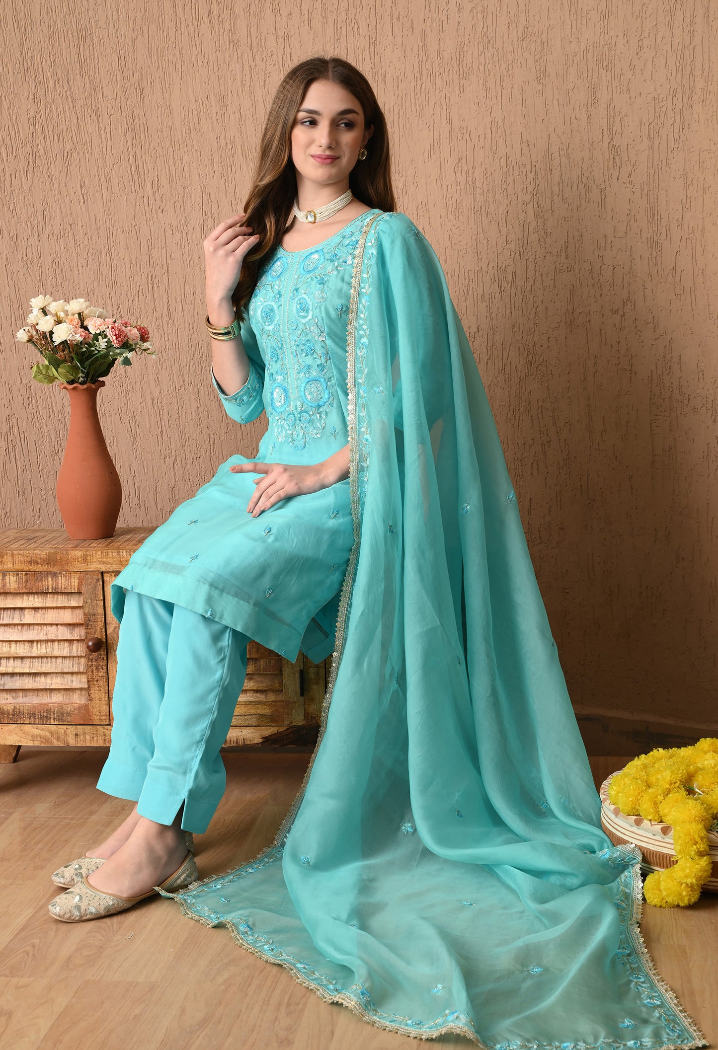 Delicate Baby Blue Organza Kurta Set with Thread, Sequin, and Dabka Embroidery