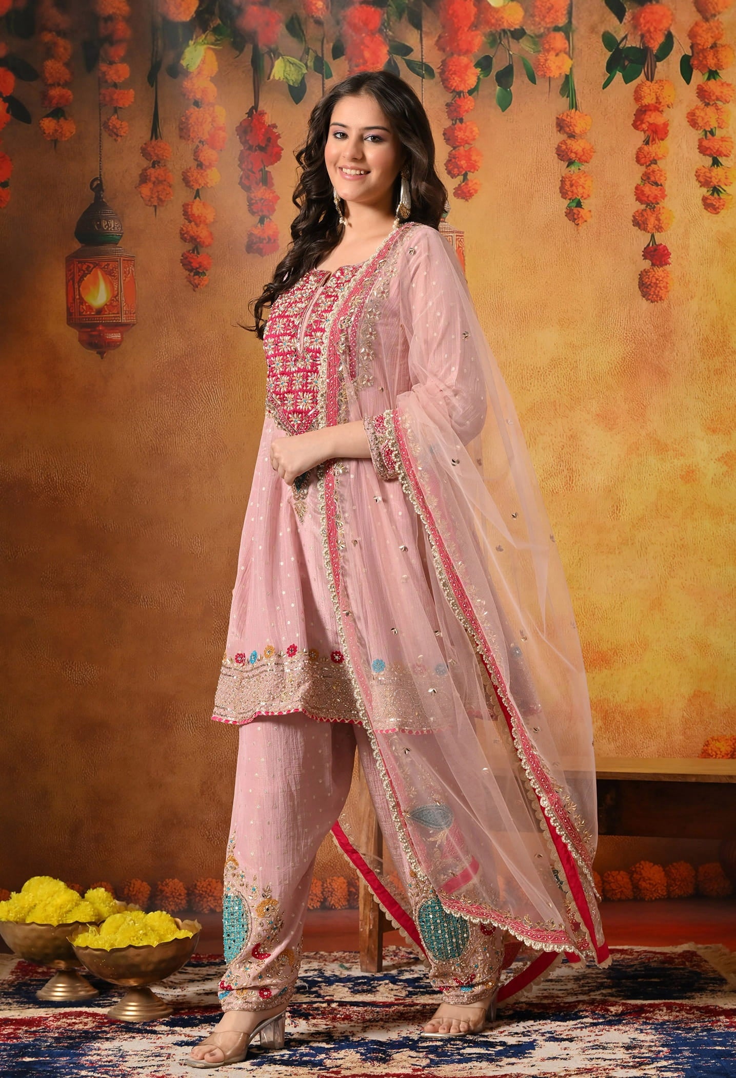 Onion Pink Kurta Set with Zardozi, Sequin, Pearl, Thread, and Gotta work.