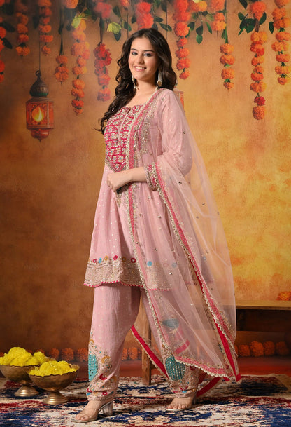 Onion Pink Kurta Set with Zardozi, Sequin, Pearl, Thread, and Gotta work.