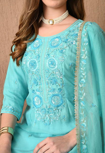 Delicate Baby Blue Organza Kurta Set with Thread, Sequin, and Dabka Embroidery