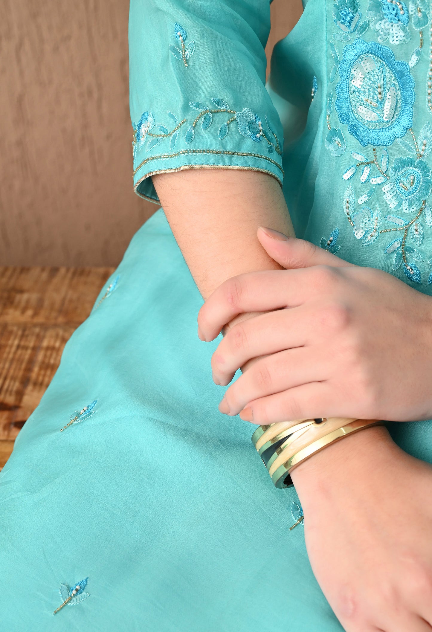 Delicate Baby Blue Organza Kurta Set with Thread, Sequin, and Dabka Embroidery