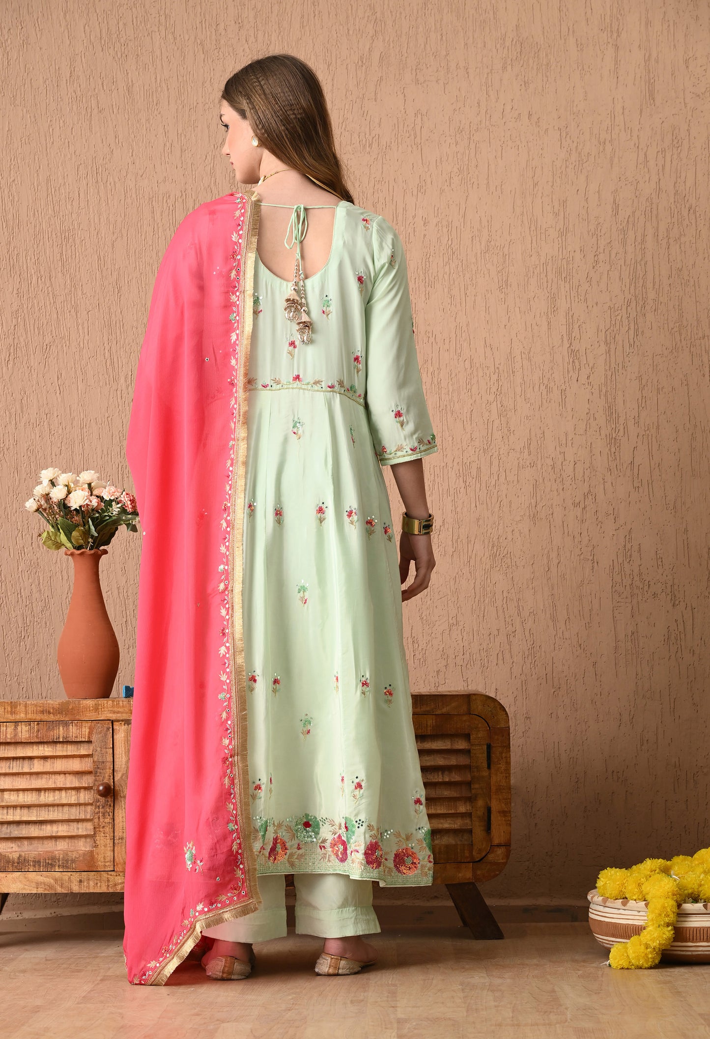 Elegant Light Green Anarkali Dress Adorned with Exquisite Zardozi Work