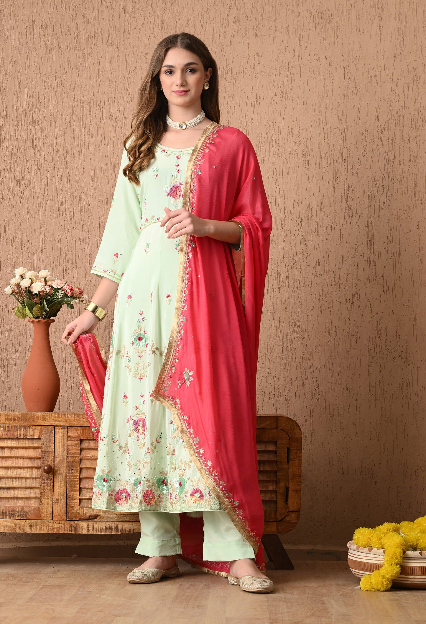 Elegant Light Green Anarkali Dress Adorned with Exquisite Zardozi Work