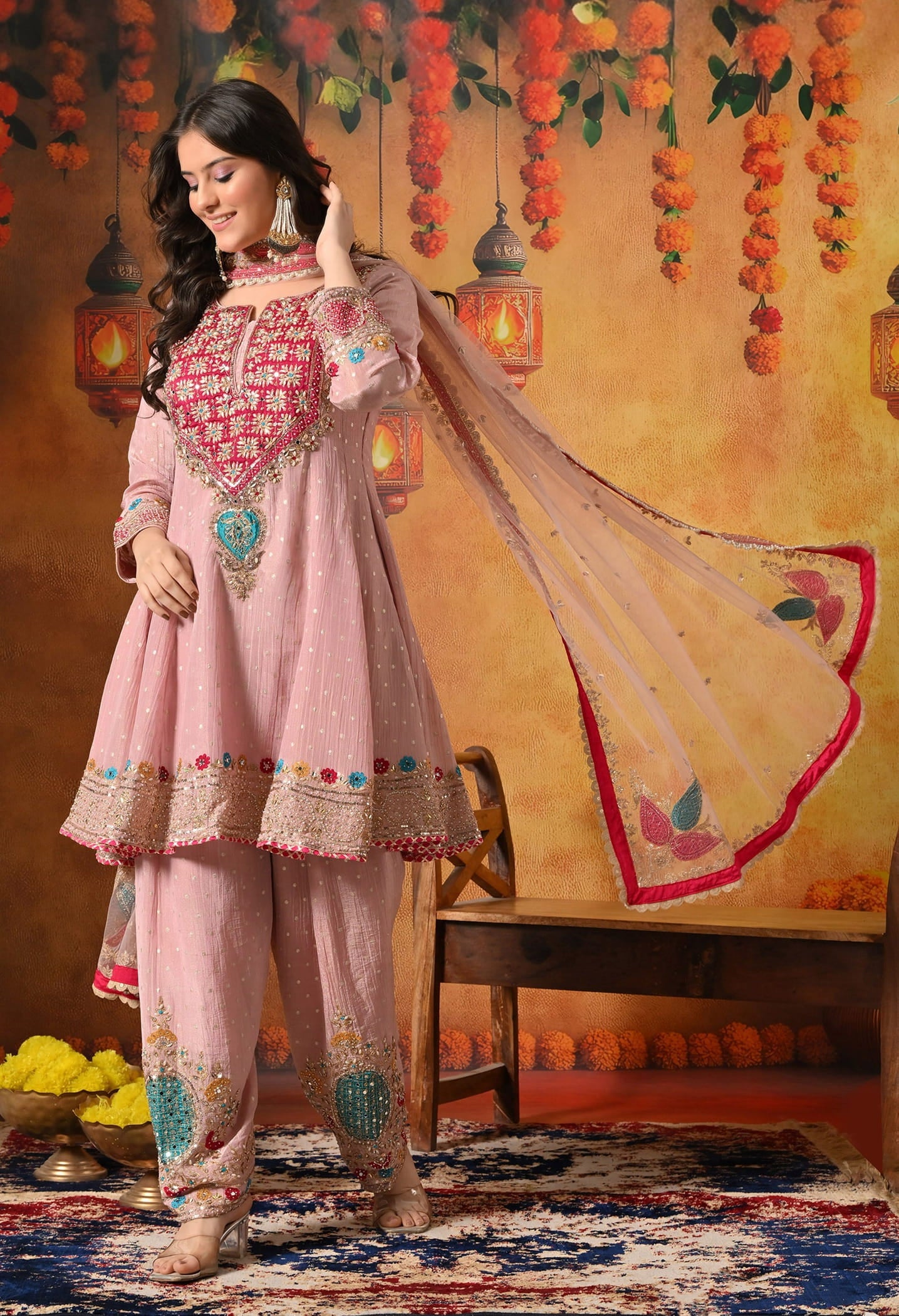 Onion Pink Kurta Set with Zardozi, Sequin, Pearl, Thread, and Gotta work.