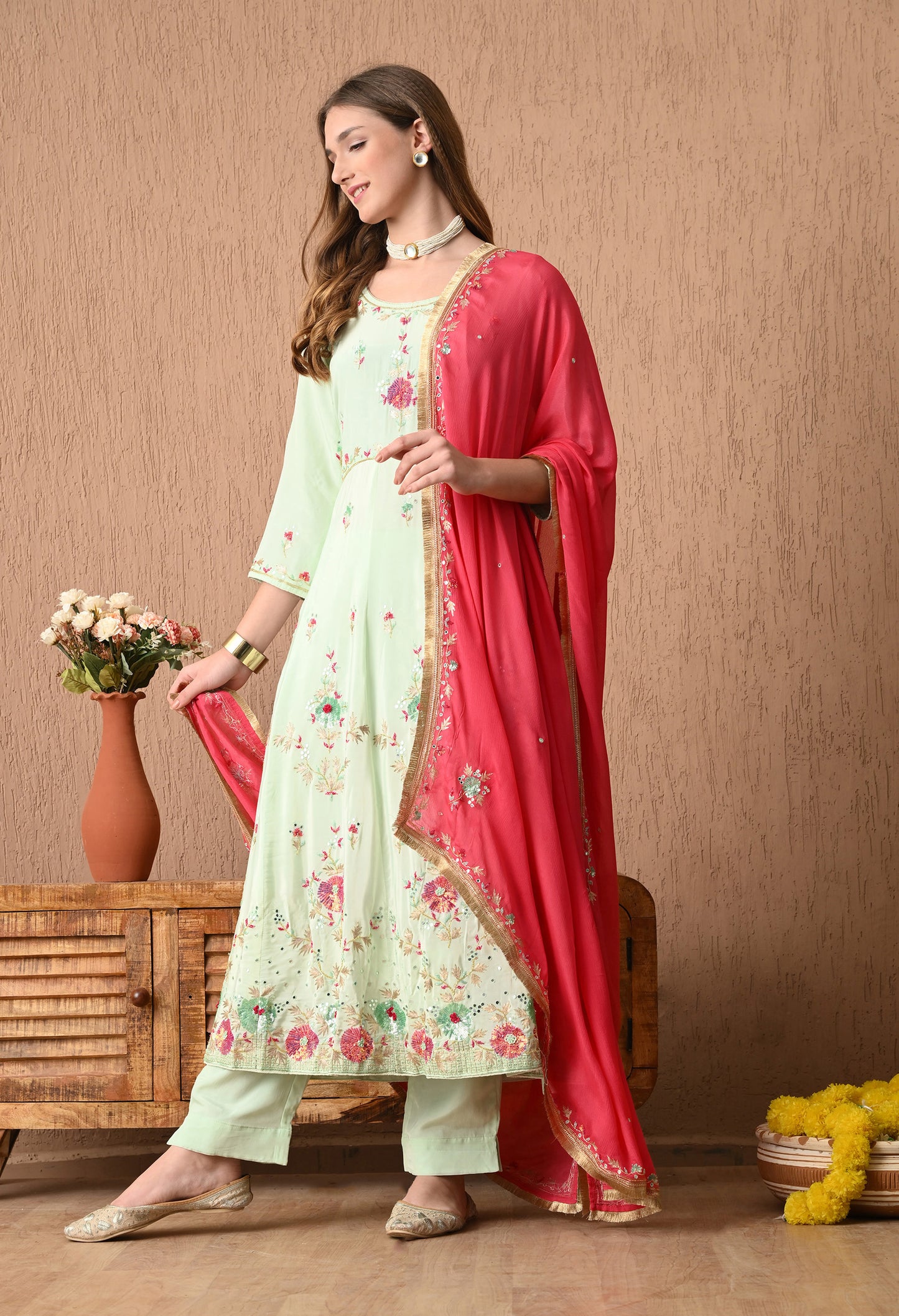 Elegant Light Green Anarkali Dress Adorned with Exquisite Zardozi Work