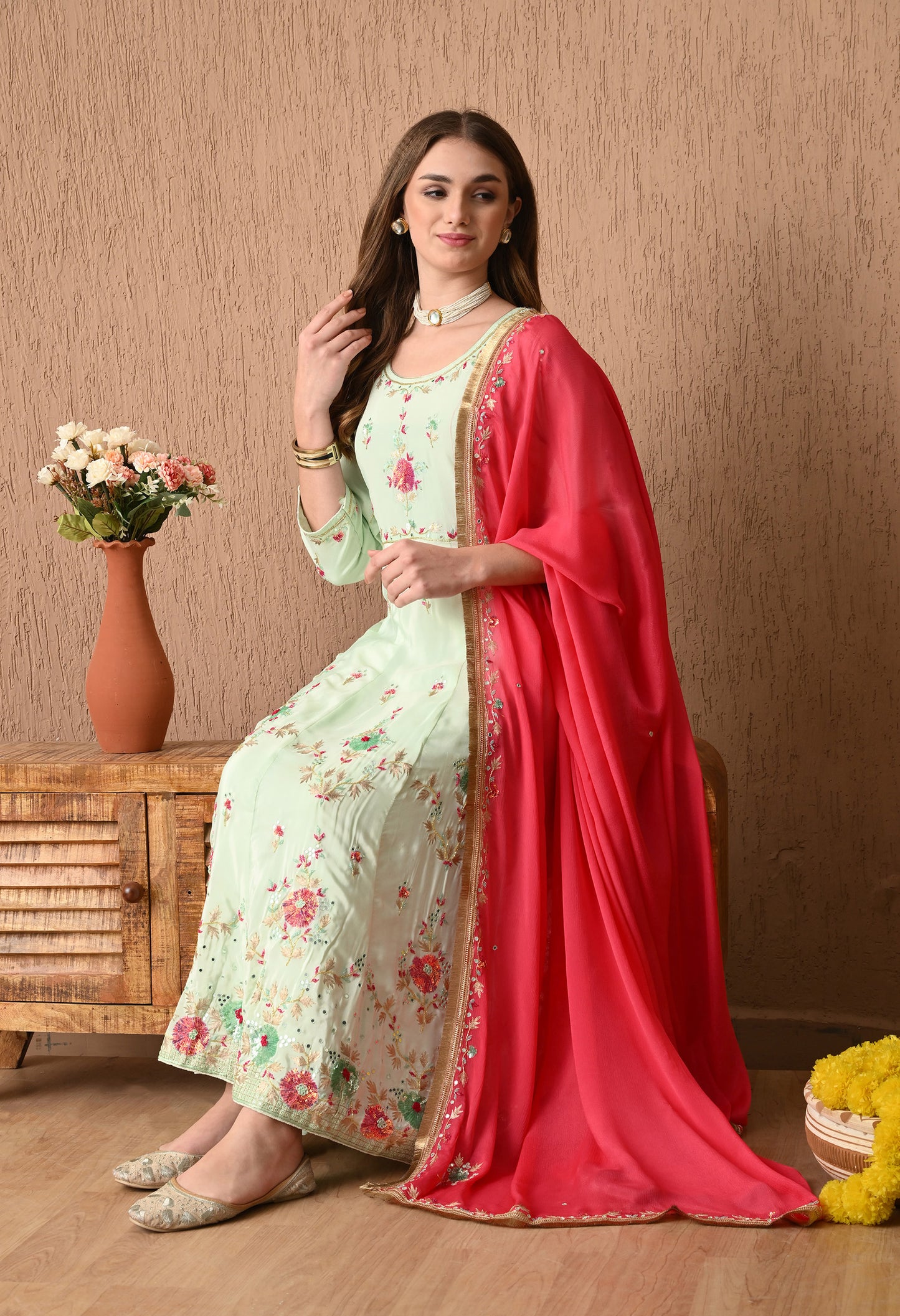 Elegant Light Green Anarkali Dress Adorned with Exquisite Zardozi Work