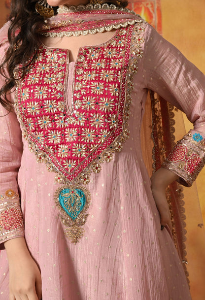 Onion Pink Kurta Set with Zardozi, Sequin, Pearl, Thread, and Gotta work.