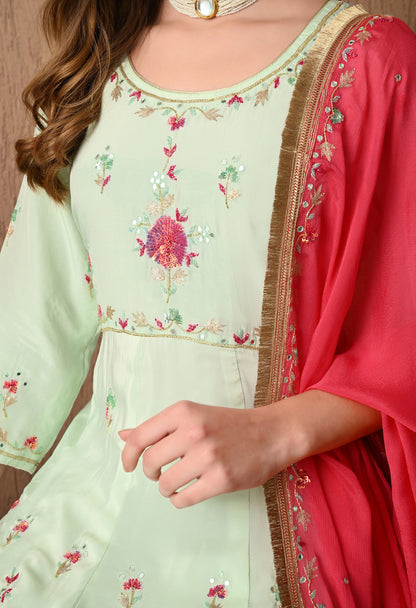 Elegant Light Green Anarkali Dress Adorned with Exquisite Zardozi Work