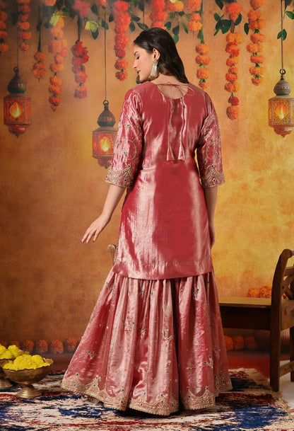 Golden Pink Gharara Set with Zardozi, Dabka, Crystal, and Pearl Embroidery.