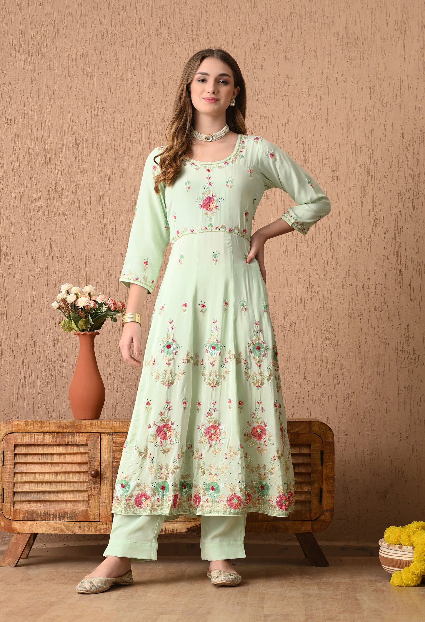 Elegant Light Green Anarkali Dress Adorned with Exquisite Zardozi Work