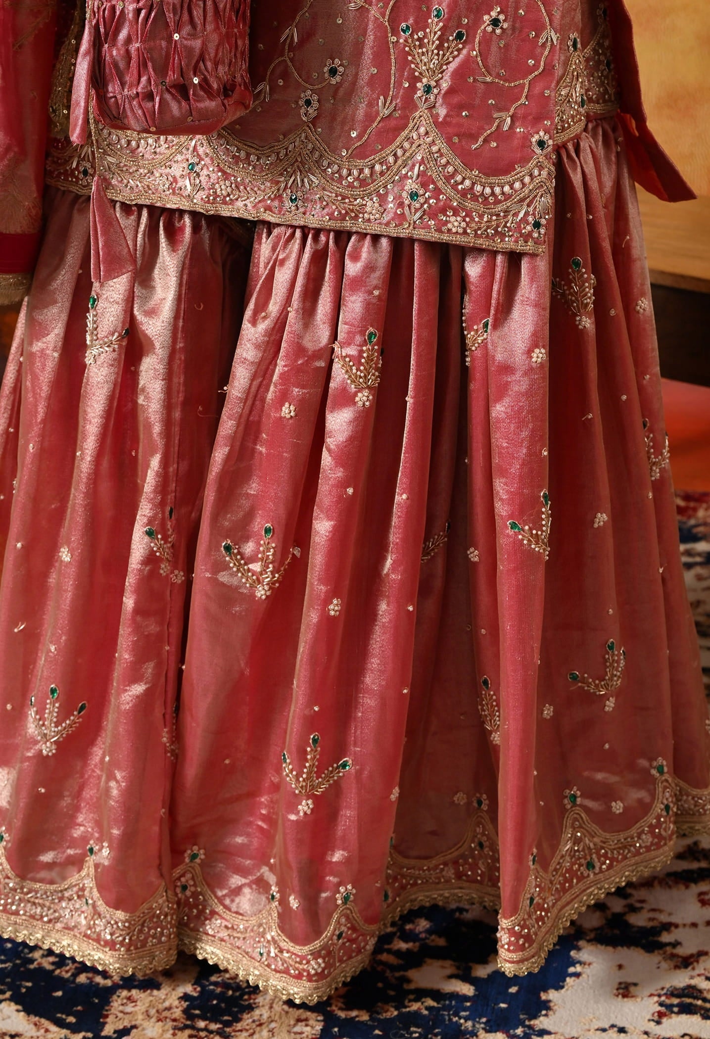 Golden Pink Gharara Set with Zardozi, Dabka, Crystal, and Pearl Embroidery.