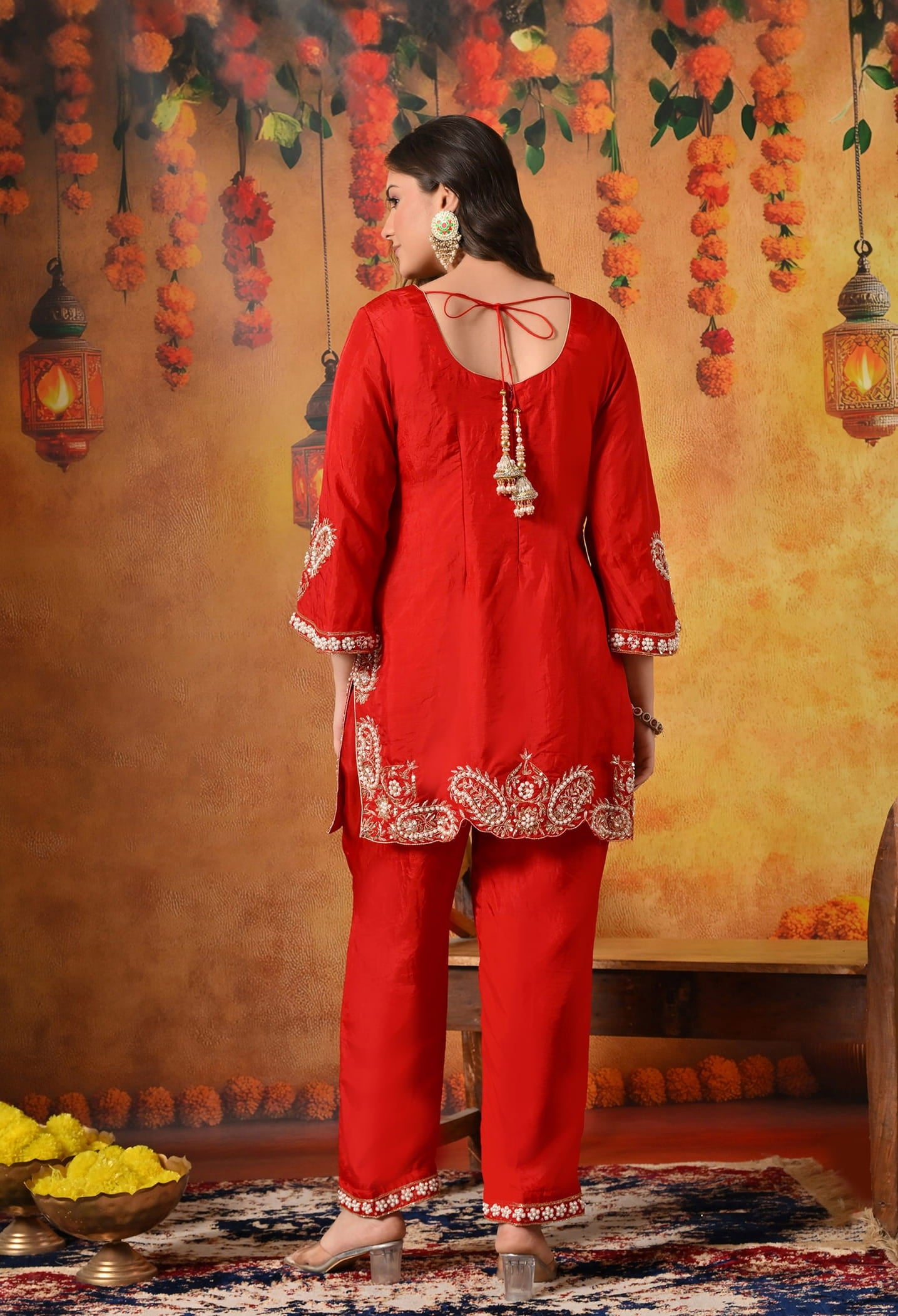 Red Kurta Set with Zardozi, Pearl, Dabka, and Sequin work.