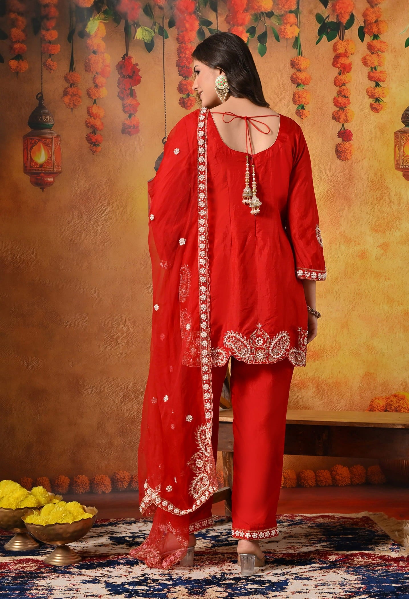 Red Kurta Set with Zardozi, Pearl, Dabka, and Sequin work.