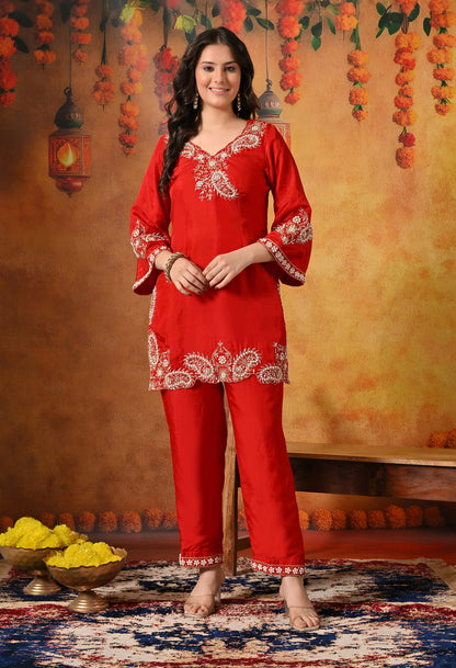 Red Kurta Set with Zardozi, Pearl, Dabka, and Sequin work.