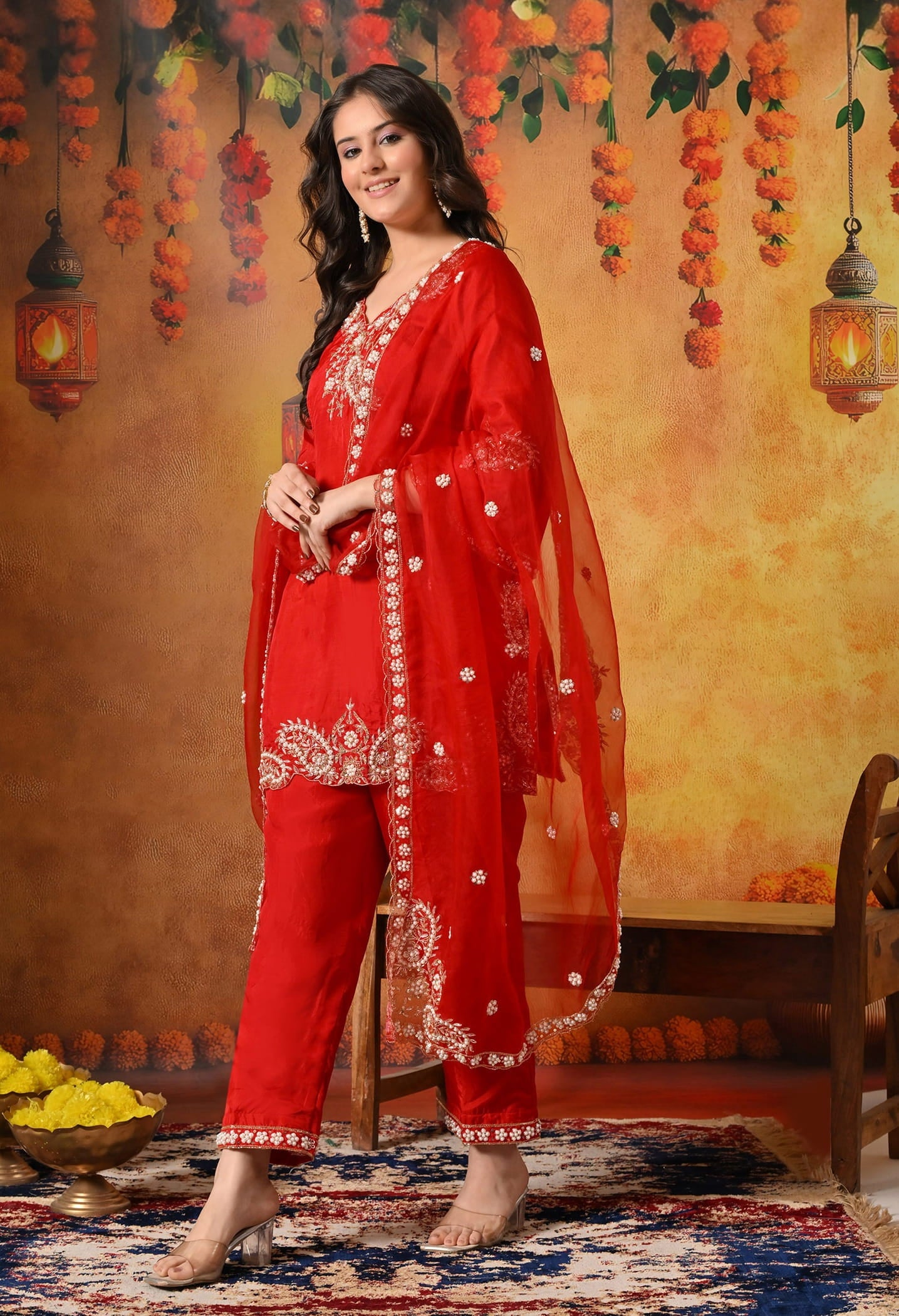Red Kurta Set with Zardozi, Pearl, Dabka, and Sequin work.