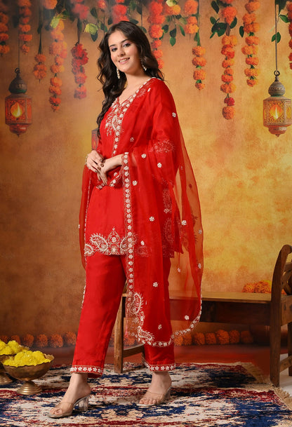 Red Kurta Set with Zardozi, Pearl, Dabka, and Sequin work.