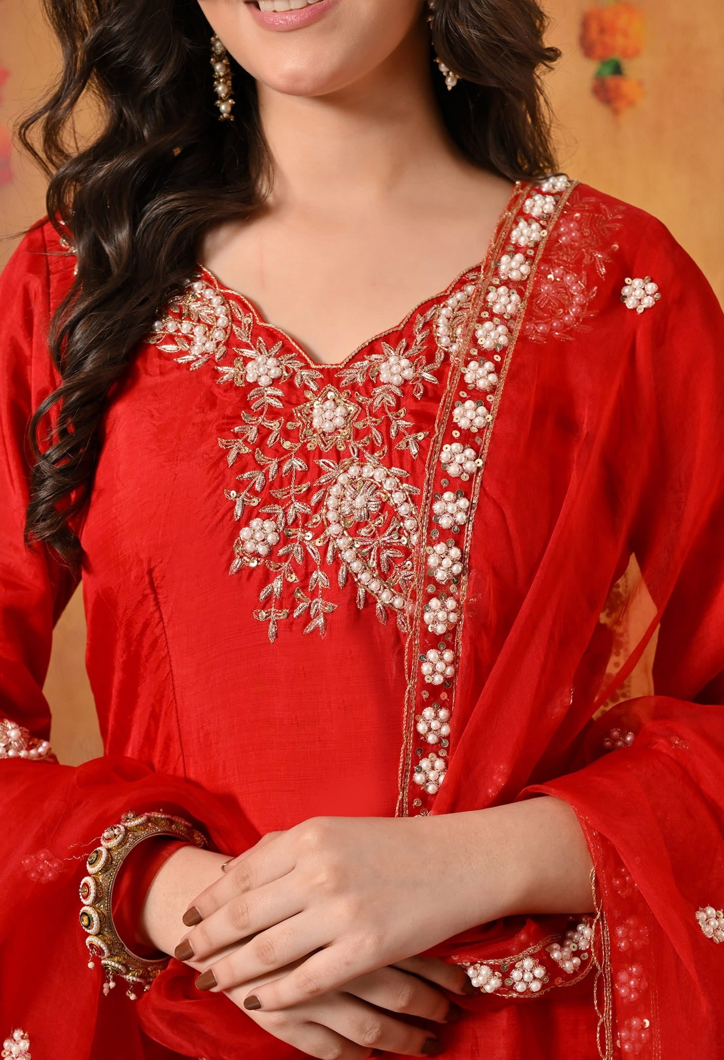 Red Kurta Set with Zardozi, Pearl, Dabka, and Sequin work.